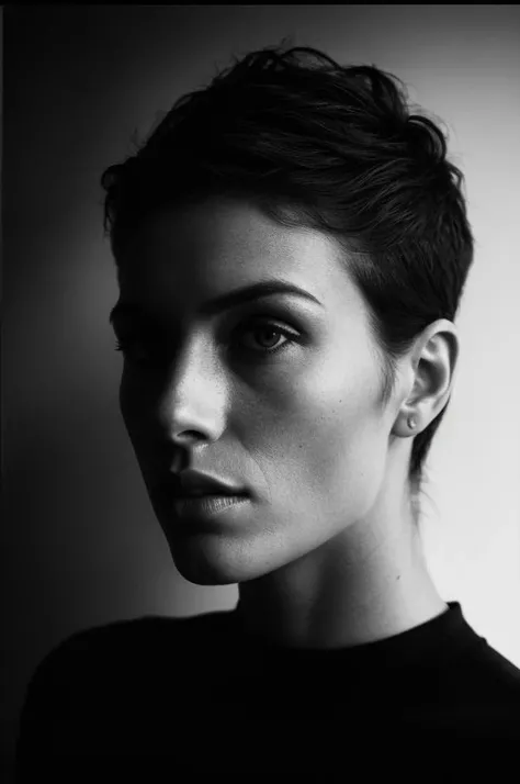 realistic photo of a woman, beautiful 24-year-old Irish woman with her hair in a messy pixie cut wearing a black tanktop, natural skin texture, realistic skin texture, (skin pores:0.8), (skin oils:0.6), award winning photography, black and white, im , lowkey, low key, film grain, expired film , shadows low contrast,, HyperSmoke, black background,, Hyper shadow, smooth fog background fill the room , cinematic <lora:Chiaroscurox_Light_1.5:0.4>