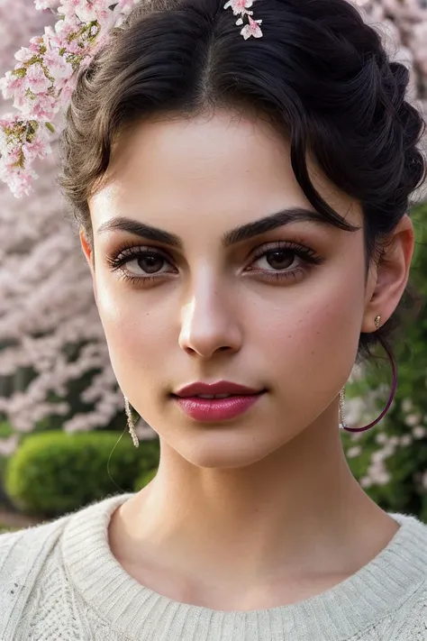 photo of beautiful (mbaccarin:0.99), a woman with beautiful hair, hair upsweep updo, as a seductive housemaid in a (lush garden), (cherry trees), natural skin texture, (tight sweater), 24mm, 4k textures, soft cinematic light, adobe lightroom, photolab, hdr, intricate, elegant, highly detailed, sharp focus, ((((cinematic look)))), soothing tones, insane details, intricate details, hyperdetailed, low contrast, soft cinematic light, exposure blend, hdr, faded, (painted lips:1.1), ((looking at viewer:1.1)), (closeup portrait)