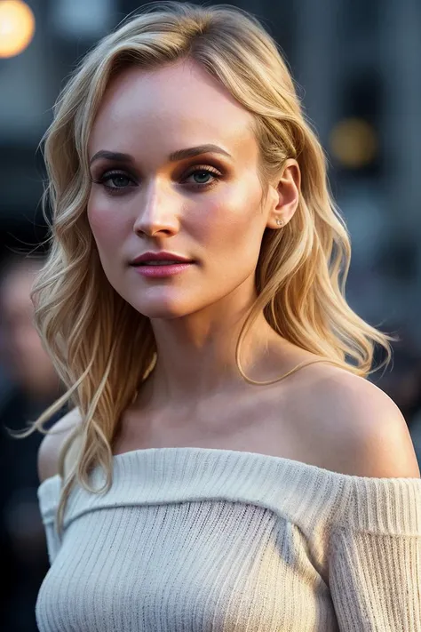 photo of beautiful (dkrug3r:0.99), a woman with beautiful hair, as a movie star in a (movie premiere), premiere gala, (near a movie theatre), natural skin texture, (tight white sweater off-shoulder with a strap), (suspenders), 24mm, 4k textures, soft cinematic light, adobe lightroom, photolab, hdr, intricate, elegant, highly detailed, sharp focus, ((((cinematic look)))), soothing tones, insane details, intricate details, hyperdetailed, low contrast, soft cinematic light, exposure blend, hdr, faded, (paparazzi in background), (painted lips:1.1), ((looking at viewer:1.1))
