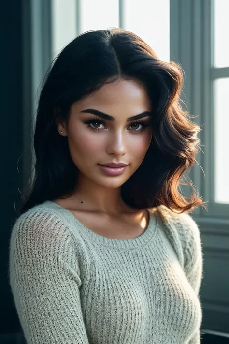 photo of beautiful (jr4mey-130:0.99), a woman in a (fire:1.1), perfect hair, wearing (sweater), modelshoot style, (extremely detailed CG unity 8k wallpaper), professional majestic (photography by  helmut newton:1.1), (Contax G1/G2 Camera), 24mm, exposure blend, hdr, faded, extremely intricate, High Detail, Sharp focus, dramatic, soft cinematic light, (looking at viewer), (detailed pupils), cute smile, 24mm, 4k textures, soft cinematic light, adobe lightroom, photolab, elegant, ((((cinematic look)))), soothing tones, insane details, hyperdetailed, low contrast