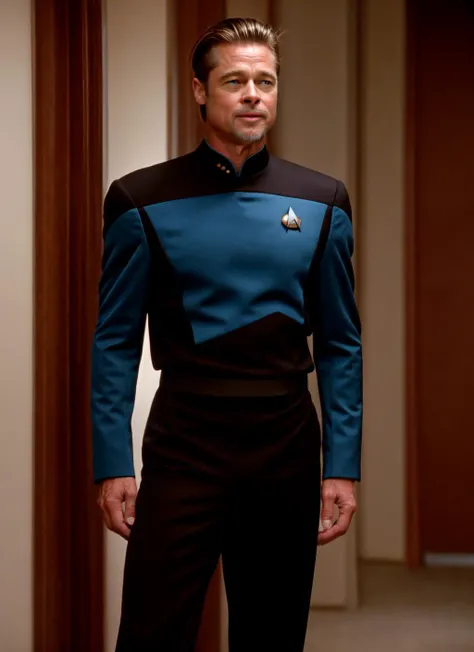 RAW photo of brad pitt,(s3stngunf blue and black uniform with black pants), natural lighting, 8k uhd, dslr, high quality, film grain, Fujifilm XT3, <lora:add_detail:0.7><lora:STNGV3new:0.8>