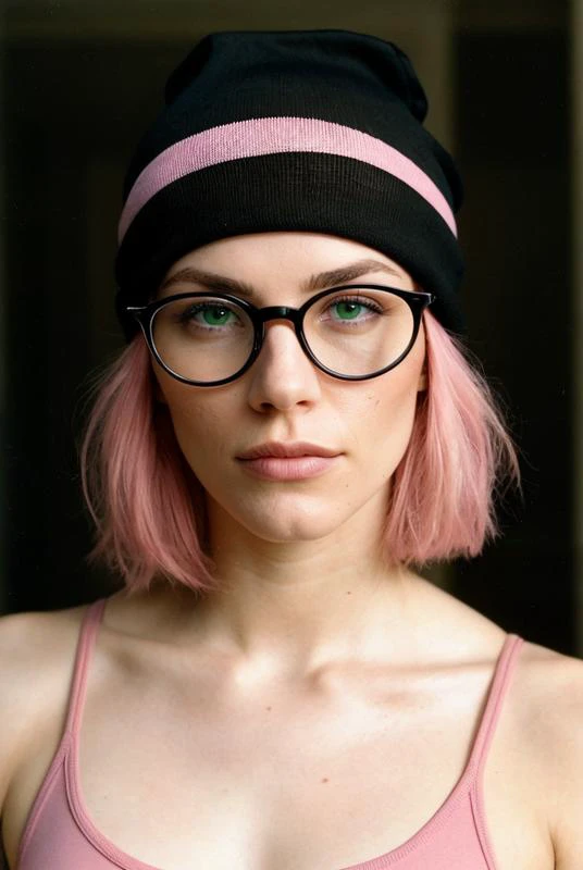 (analog photo) of a cute 20-year-old woman wearing with pink hair a beanie and (wearing round glasses:1.2), natural skin texture, realistic skin texture, (skin pores:0.8), (skin oils:0.6), masterpiece, award winning photography, fine art photography