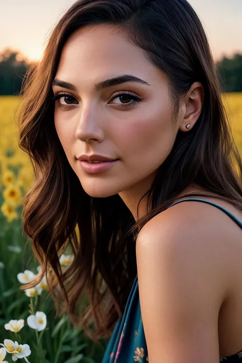 photo of beautiful (gg4d0t-130:0.99), a woman in a (flower field:1.1), perfect hair, wearing (luxury fabrics:1.2), modelshoot style, (extremely detailed CG unity 8k wallpaper), professional majestic (photography by robert capa:1.1), (Fujifilm X-T4 Mirrorless Camera), 24mm, exposure blend, hdr, faded, extremely intricate, High Detail, Sharp focus, dramatic, soft cinematic light, (looking at viewer), (detailed pupils), cute smile, 24mm, 4k textures, soft cinematic light, adobe lightroom, photolab, elegant, ((((cinematic look)))), soothing tones, insane details, hyperdetailed, low contrast