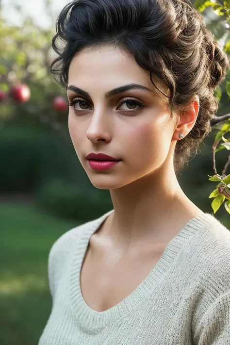 photo of beautiful (mbaccarin:0.99), a woman with beautiful hair, hair upsweep updo, as a seductive housemaid in a (lush garden), (apple trees), natural skin texture, (tight sweater), 24mm, 4k textures, soft cinematic light, adobe lightroom, photolab, hdr, intricate, elegant, highly detailed, sharp focus, ((((cinematic look)))), soothing tones, insane details, intricate details, hyperdetailed, low contrast, soft cinematic light, exposure blend, hdr, faded, (painted lips:1.1), ((looking at viewer:1.1)), (closeup portrait)