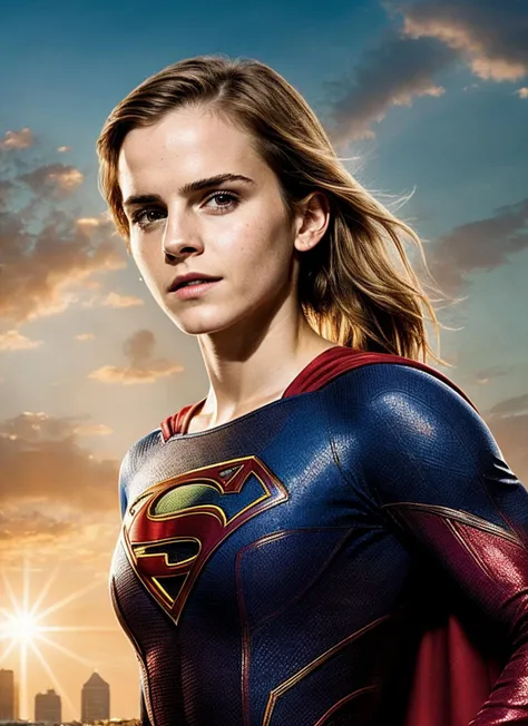 RAW photo of  emma watson as supergirl in dc universe, natural lighting, 8k uhd, dslr, high quality, film grain, Fujifilm XT3, <lora:add_detail:0.7>