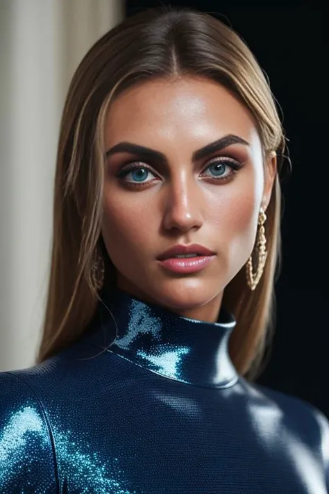 Portrait, cool looking fashion model, glamour fashion event, (JernauStephanieRayner:0.99), blonde hair, closeup, wearing turtleneck outfit, intricate detail, dim lighting, detailed background, detailed clothes, shiny glossy skin, subsurface scattering, glitter, Nikon D850 film stock photograph Kodak Portra 400 camera f1.6 lens, rich colors, lifelike texture, dramatic lighting, unreal engine, trending on ArtStation, cinestill 800 tungsten, modest clothing, SFW