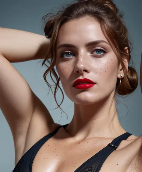cinematic photo photo, realism, reality, detailed face, intricate skin pores,
messy woman, 30 years old, skin blemishes, exposing hairy armpits, hands on head
hook nose, freckles, blue eyes, ginger side buns, glossy red_lips, intricate black seethrough nylon bra with ornaments
background dark theme bedroom . 35mm photograph, film, bokeh, professional, 4k, highly detailed
