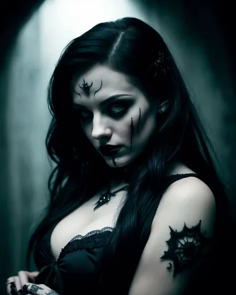 1Female, Gothic, Horror, Darkness, Moody, Depression, sadness, evil, blood, undead, midnight, macabre, eerie., (Professional Upper body Model photo shoot:1.2). Beautiful Girl. Wearing a cute Halloween costume. At a costume party. Large drunk crowd in costumes. Soft features. Photorealistic, Natural atmospheric lighting, intricate details, 35mm photograph, film, professional, 4k visuals, highly detailed, elegant, studio quality.