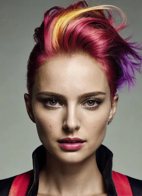 portrait of sks woman by Flora Borsi, style by Flora Borsi, bold, bright colours, rainbow Mohawk haircut, ((Flora Borsi)), <lora:locon_natalieportman_v1_from_v1_64_32:1>