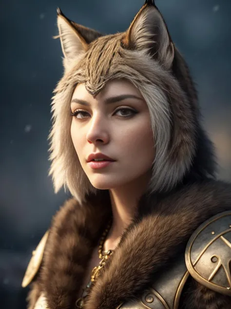 Shaman tabaxi female tan spotted fur tabaxi lynx, thin build, wearing intricate mail armor, holding a gnarled staff adorned with mushrooms and bone, realistic render, Dungeons and Dragons, Fantasy, octane render, zbrush. Character design, photorealistic, unreal engine, hyper-detailed, concept art, trending on art station. ((best quality)), ((masterpiece)), ((realistic)), (detailed), close up portrait, full body portrait, , highly detailed fur, looking at the viewer, Fantasy art, stunning gradient colors, no watermark signature, closed mouth, detailed background, snowy background, closed mouth, insanely detailed, ((masterpiece)), absurdres, HDR.<lora:Elixir:1>