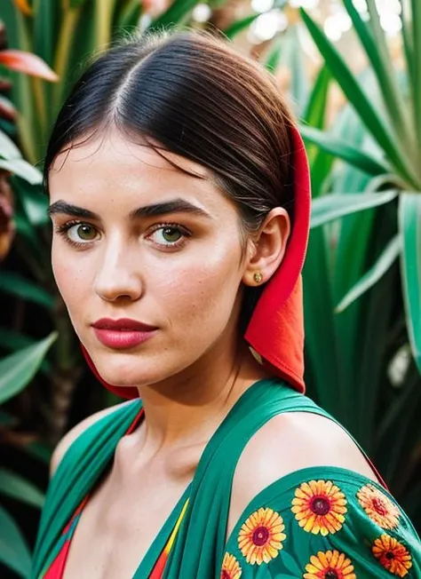 portrait of sks woman in Marrakech, at the vibrant Jardin Majorelle, by Flora Borsi, style by Flora Borsi, bold, bright colours, ((Flora Borsi)), by Dorothea Lange, <lora:lora-small-lucy-hale-v1:1>