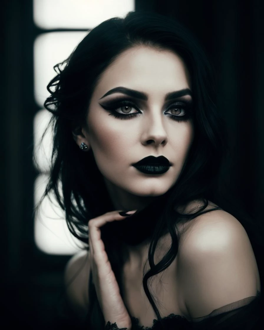 1Female, Gothic, Horror, Darkness, Moody, Depression, sadness, evil, blood, undead, midnight, macabre, eerie., (Upper body photo:1.2). Beautiful female.  Wearing a one shoulder sweater. Detailed eyes framed by long, perfect eyelashes. Her eyebrows are perfectly arched and delicate, adding grace to her gaze. Elegant eyeliner. Light make-up. Detailed face. Soft features. Sensual. Photorealistic, Natural atmospheric lighting, intricate details, 35mm photograph, film, professional, 4k visuals, highly detailed, elegant, studio quality.