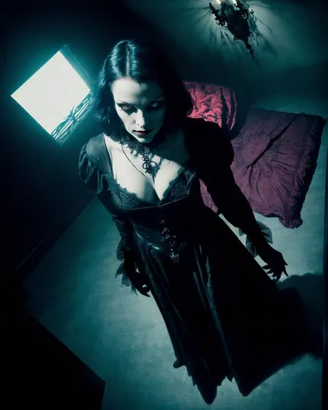 1Female, Gothic, Horror, Darkness, Moody, Depression, sadness, evil, blood, undead, midnight, macabre, eerie., A captivating paranormal photograph. ((oddly tilted fisheye lens/ fish-eye view photograph) that showcases intense dynamic composition of a (partially-vaporous terrifying beautiful female vampire that is part of the shadows) (emerging in a dark bedroom at night), (floating above) (her victim). The (terrifying shadow female vampire looming over its victim is part of dark and smokey shadows at nighttime in the (bedroom of the victim)). Sensual gothic clothing. ((High angle photograph, highly dramatic cinematic atmosphere)). Cleavage. Dark Highly detailed beautiful expressive eyes. Eternally Youthful. Strangely beautiful. ((The very detailed background is imposing, with angular intimidating, art-deco style architectural designs)). Fog fills the room. Cinematic spiritual horror, dynamic, night terrors, ((double exposures)), very detailed background, ominous ethereal background, hauntingly erotic. Photorealistic, Natural atmospheric lighting, intricate details, 35mm photograph, film, professional, 4k visuals, highly detailed, elegant, studio quality.