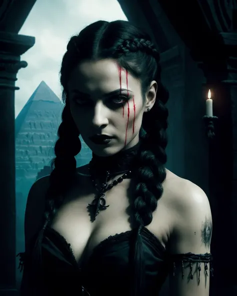 1Female, Gothic, Horror, Darkness, Moody, Depression, sadness, evil, blood, undead, midnight, macabre, eerie., (1Female, Egyptian, blood, cuts:1.1). (Bleeding.:1.1). Scared and determined. Perky breasts. Highly detailed expressive eyes. Hair in thick braids. (Crowd of people:1.1). Sacrificial altar. One Large Ivory Pyramid. Night, Stars, alien craft. Photorealistic, Natural atmospheric lighting, intricate details, 35mm photograph, film, professional, 4k visuals, highly detailed, elegant, studio quality.