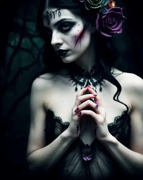1Female, Gothic, Horror, Darkness, Moody, Depression, sadness, evil, blood, undead, midnight, macabre, eerie., Fantasy, Whimsical. Surreal. detailed features, organic forms, meticulous portraiture, complex patterns, double exposure, two photos overlapping, transparent, surreal artwork, artful, aesthetic, unusual, vintage feel, post apocalyptic, unsettling violence, macabre, suspenseful, crazy visual soundscape. multicolored, ((an extremely delicate and beautiful)), floating, (detailed clothes), (detailed light), nature, (sunlight), (bloom), (shine), colorful, dynamic vivid colors, panorama, landscape, Colorful portraits, dynamic lighting. Magical, enchanting, alluring. Exotic. Erotic, Sensual, revealing.