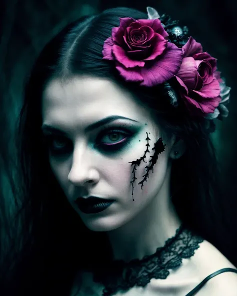 1Female, Gothic, Horror, Darkness, Moody, Depression, sadness, evil, blood, undead, midnight, macabre, eerie., Fantasy, Whimsical. Surreal. detailed features, organic forms, meticulous portraiture, complex patterns, double exposure, two photos overlapping, transparent, surreal artwork, artful, aesthetic, unusual, vintage feel, post apocalyptic, unsettling violence, macabre, suspenseful, crazy visual soundscape. multicolored, ((an extremely delicate and beautiful)), floating, (detailed clothes), (detailed light), nature, (sunlight), (bloom), (shine), colorful, dynamic vivid colors, panorama, landscape, Colorful portraits, dynamic lighting. Magical, enchanting, alluring. Exotic. Erotic, Sensual, revealing.