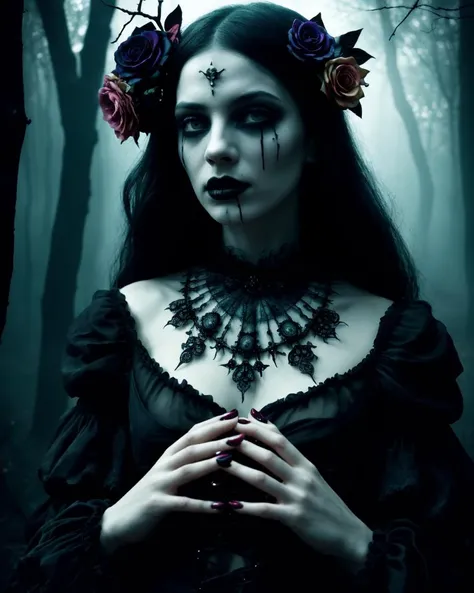 1Female, Gothic, Horror, Darkness, Moody, Depression, sadness, evil, blood, undead, midnight, macabre, eerie., Fantasy, Whimsical. Surreal. detailed features, organic forms, meticulous portraiture, complex patterns, double exposure, two photos overlapping, transparent, surreal artwork, artful, aesthetic, unusual, vintage feel, post apocalyptic, unsettling violence, macabre, suspenseful, crazy visual soundscape. multicolored, ((an extremely delicate and beautiful)), floating, (detailed clothes), (detailed light), nature, (sunlight), (bloom), (shine), colorful, dynamic vivid colors, panorama, landscape, Colorful portraits, dynamic lighting. Magical, enchanting, alluring. Exotic. Erotic, Sensual, revealing.