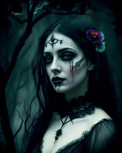 1Female, Gothic, Horror, Darkness, Moody, Depression, sadness, evil, blood, undead, midnight, macabre, eerie., Fantasy, Whimsical. Surreal. detailed features, organic forms, meticulous portraiture, complex patterns, double exposure, two photos overlapping, transparent, surreal artwork, artful, aesthetic, unusual, vintage feel, post apocalyptic, unsettling violence, macabre, suspenseful, crazy visual soundscape. multicolored, ((an extremely delicate and beautiful)), floating, (detailed clothes), (detailed light), nature, (sunlight), (bloom), (shine), colorful, dynamic vivid colors, panorama, landscape, Colorful portraits, dynamic lighting. Magical, enchanting, alluring. Exotic. Erotic, Sensual, revealing.
