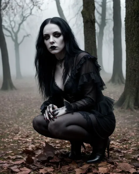 1Female, Gothic, Horror, Darkness, Moody, Depression, sadness, evil, blood, undead, midnight, macabre, eerie., Goth girl, (full-body). (Crouching low with hands on the ground). Feral. Cleavage. Highly detailed beautiful expressive eyes. Outside with low trees and dead leaves on the ground. Photorealistic, Natural atmospheric lighting, intricate details, 35mm photograph, film, professional, 4k visuals, highly detailed, elegant, studio quality.