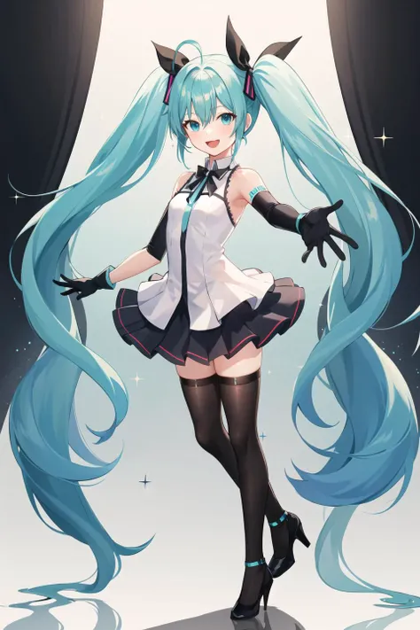 1girl, gloves, long hair, solo, hatsune miku, thighhighs, elbow gloves, twintails, white gloves, very long hair, open mouth, full body, white thighhighs, smile, dress, ribbon, standing, hair between eyes, white dress, neck ribbon, :d, outstretched arm, bangs, sleeveless, bow, pleated skirt, skirt, spotlight, zettai ryouiki, high heels, sparkle, black ribbon,  shoulders, aqua hair, aqua eyes, shadow, pleated dress, black footwear, green hair, black bow, ahoge <lora:style_MihoyoT0:1>