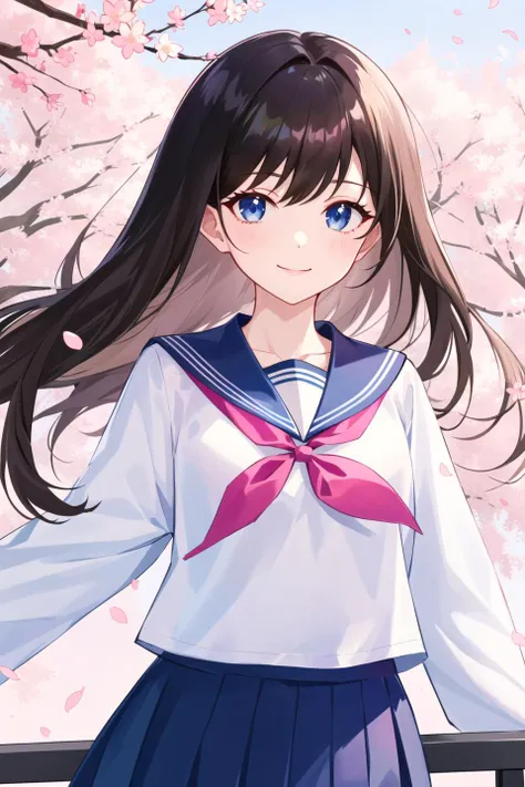 (upper_body:1.5), close-up, cherry_blossoms, outdoors, day, spring_\(season\), 1girl, smile, solo, bangs, blue_eyes, blush, closed_mouth, looking_at_viewer, long_hair, brown_hair, branch, eyebrows_visible_through_hair, floating_hair,hair_between_eyes, blue_sailor_collar, serafuku, long_sleeves, neckerchief, pleated skirt, pink_flower, petals, tree, white_shirt, wind, railing, sky <lora:style_MihoyoT0:1>