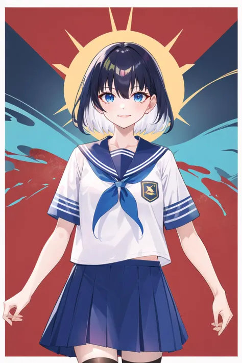multicolored, red_background, rising_sun, 1girl, torii, sunburst, red_sky, skirt, blood_splatter, blue_eyes, solo, blue_skirt, looking_at_viewer, splatter, school_uniform, short_sleeves, colorful, sailor_collar, white_shirt, serafuku, red_neckerchief, blue_sailor_collar, pleated_skirt, waves, cowboy_shot, neckerchief, smile, black_hair, abstract, closed_mouth, shirt, sunburst_background, hair_between_eyes, blood, medium_hair, paint_splatter, standing, surreal, short_hair, red_bow, multicolored_background, red_border, floating_hair, bow, egasumi, bangs <lora:style_MihoyoT0:1>
