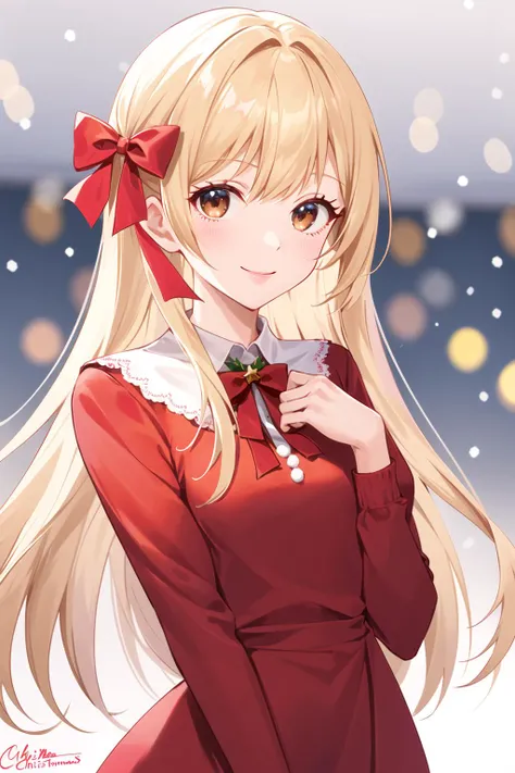 1girl, long_hair, solo, christmas, blurry, snowing, snowflakes, blurry_background, looking_at_viewer, bangs, christmas_tree, depth_of_field, merry_christmas, hair_ornament, light_particles, smile, signature, bow, dress, upper_body, red_ribbon, bokeh, blonde_hair, red_bow, snow, closed_mouth, artist_name, very_long_hair, red_neckwear, ribbon, brown_eyes, short_sleeves, blush <lora:style_MihoyoT0:1>