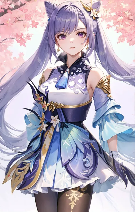 1girl, keqing (piercing thunderbolt) (genshin impact), keqing (genshin impact), pantyhose, hair bun, purple hair, gloves, twintails, long hair, purple eyes, diamond-shaped pupils, bare shoulders, hair ornament, black pantyhose, cone hair bun, detached sleeves,dress, jewelry, medium breasts, earrings, bangs, frills, purple dress, black gloves, braid, skirt,<lora:keqingGenshinImpact3in1_v10:1><lora:style_MihoyoT0:1>