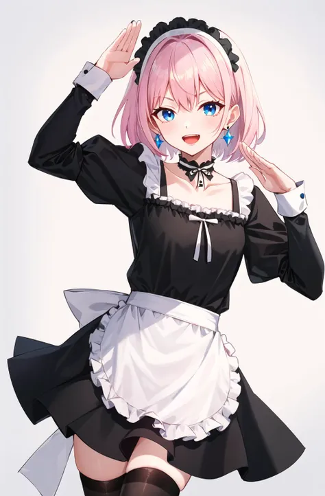 choker, thighhighs, solo, apron, earrings, waist_apron, long_hair, black_legwear, open_mouth, white_background, jewelry, blue_eyes, white_apron, black_choker, smile, simple_background, long_sleeves, maid, pink_hair, collarbone, one_side_up, two_side_up, puffy_sleeves, looking_at_viewer, blush, eyebrows_visible_through_hair, dress, 1girl, floating_hair, hair_between_eyes, hair_ribbon, frills, male_focus, standing, :d, ribbon, otoko_no_ko, frilled_apron, black_ribbon, juliet_sleeves, 1boy, black_dress, bangs, skirt, bow, maid_apron, salute, enmaided, upper_teeth <lora:style_MihoyoT0:1>