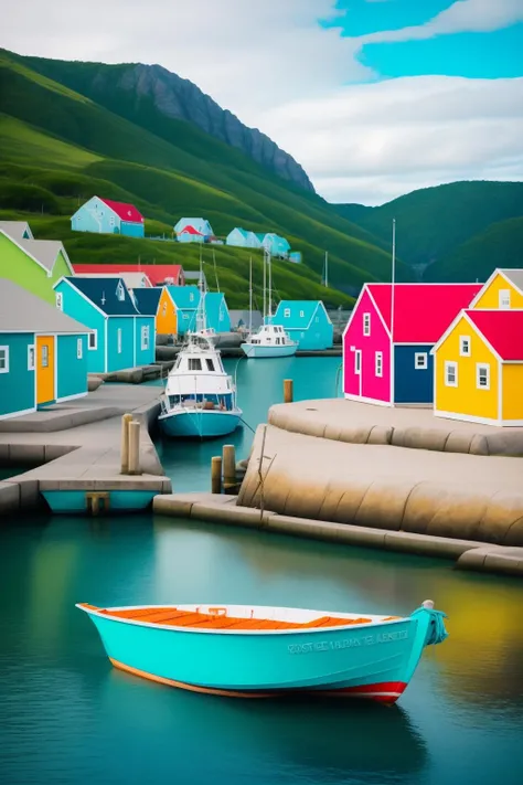 a boat is docked in a harbor with colorful houses , outdoors, sky, day, cloud, water, blue sky, no humans, ocean, scenery, watercraft, boat