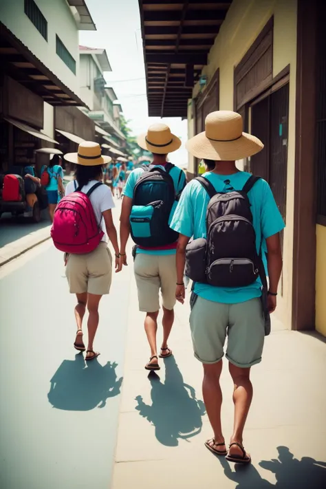 a group of people walking down a street , multiple girls, black hair, hat, outdoors, multiple boys, shorts, day, pants, bag, from behind, shadow, sandals, backpack, building, walking, straw hat, road, street