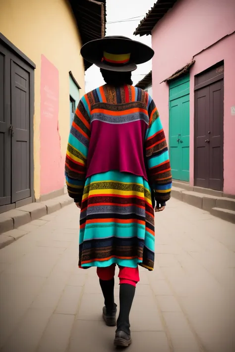 a woman in a colorful dress and hat walking down a street , solo, looking at viewer, black hair, long sleeves, 1boy, hat, standing, full body, male focus, outdoors, ground vehicle, walking