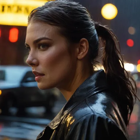 lauren_cohan, <lora:LaurenCohanXL:1>, portrait, tourist, (( very long hair, hair over eye, hair in face, wild hair, floating hair, ponytail, wet hair, wet skin, wet body, soaking wet)), long sleeves, raincoat, backpack, walking down the street at night, raining, foggy, dim neon light, noir style, new york city at night