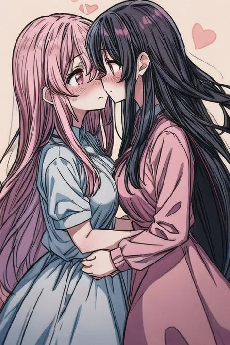 2 girls yuri moe couple kissing romantic blush long hair heart highest quality ahort hair onee-san adult female overalldetail close up age gap, height gap, big breasts, looking at dress each other holding hands