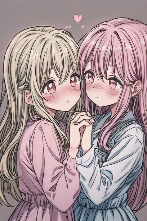 2 girls yuri moe couple kissing romantic blush long hair heart highest quality ahort hair overalldetail close up age gap looking at dress each other holding hands