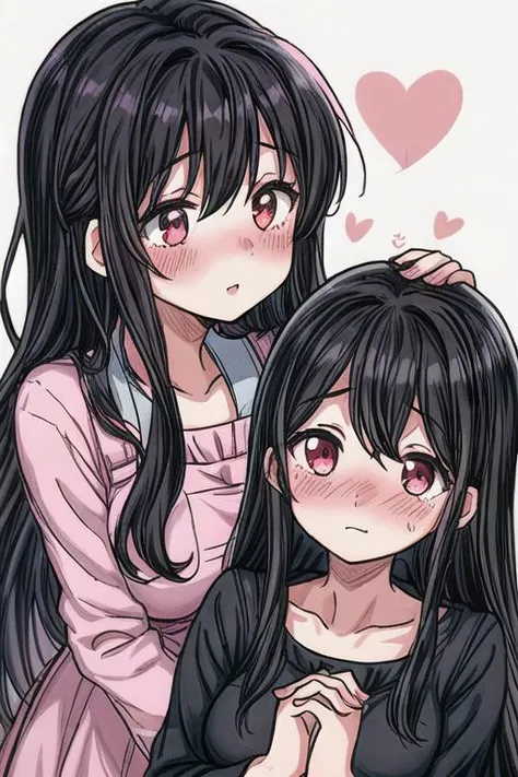 2 girls yuri moe couple kissing romantic blush long hair, black hair heart highest quality ahort hair onee-san adult female overalldetail close up age gap, height gap, big breasts, looking at dress each other holding hands