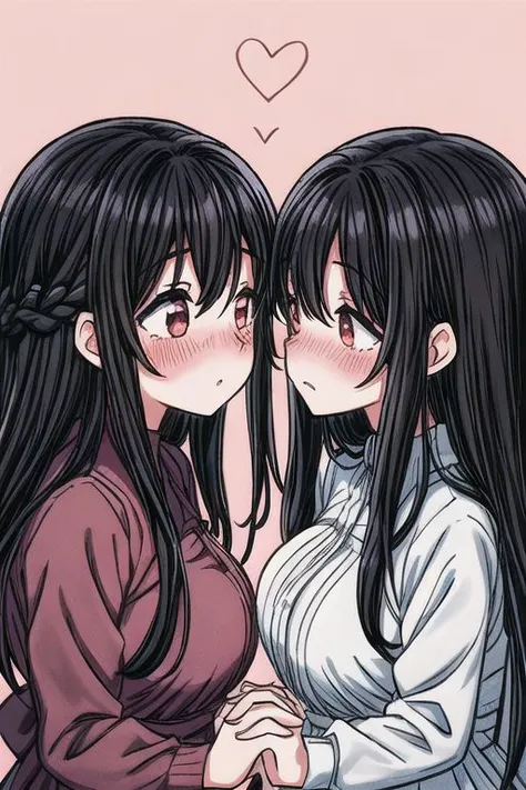 2 girls yuri moe couple kissing romantic blush long hair, black hair heart highest quality ahort hair onee-san adult female overalldetail close up age gap, height gap, big breasts, looking at dress each other holding hands