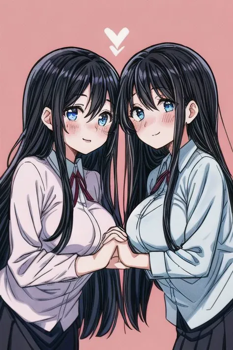 2 girls yuri moe couple kissing romantic blush long hair, black hair, blue eyes, heart highest quality ahort hair onee-san adult female overalldetail close up age gap, height gap, big breasts, looking at each other holding hands, smile, office lady, suit