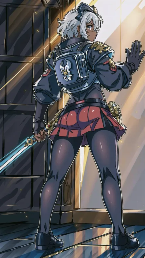 <lora:Adepta Sororitas, the Daughters of the Emperor - 40K:0.6> ADEPTA SORORITAS, (black/red power armor, backpack, :1.10), (pantyhose:1.25), mature female, (fleur de lis:1.25), <lora:hairdetailer:0.4> <lora:add_detail:0.4> BREAK,
(dark skin:1.15), (white hair:1.2), short hair, messy hair, yoga pants, (skirt:1.25), (loincloth:1.25), BREAK,
bookshelfs, (cathedral:1.25), (light shafts, god rays, illumination, glow, light particles:1.2), looking at viewer, from behind, looking back,, masterpiece, best quality, hyperrealistic, extremely detailed, highly quality, 4k, sharp focus, professional photograph, sharp focus, award winning, cinematic lighting, octane render, unreal engine, volumetrics dtx, Wallpaper,