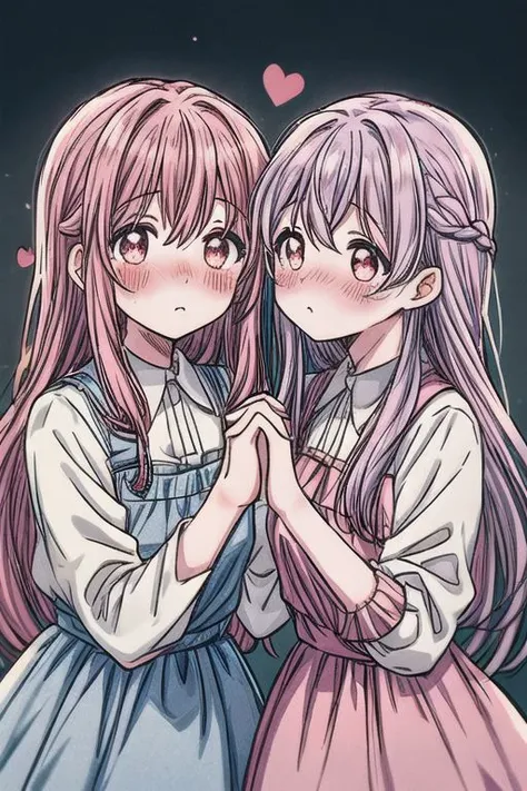 2 girls yuri moe couple kissing romantic blush long hair heart highest quality ahort hair overalldetail close up age gap looking at dress each other holding hands