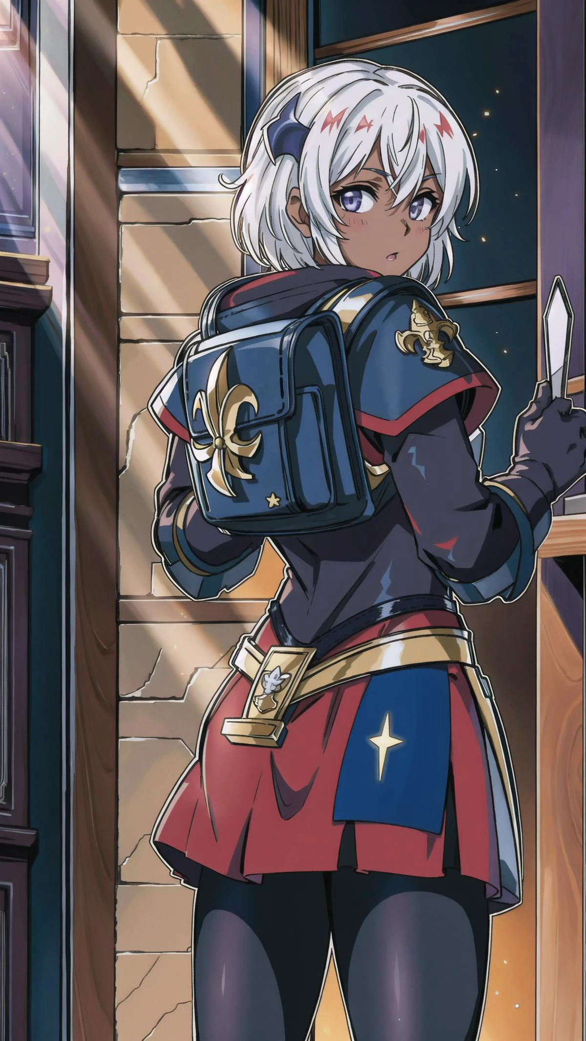 <lora:Adepta Sororitas, the Daughters of the Emperor - 40K:0.6> ADEPTA SORORITAS, (black/red power armor, backpack, :1.10), (pantyhose:1.25), mature female, (fleur de lis:1.25), <lora:hairdetailer:0.4> <lora:add_detail:0.4> BREAK,
(dark skin:1.15), (white hair:1.2), short hair, messy hair, yoga pants, (skirt:1.25), (loincloth:1.25), BREAK,
bookshelfs, (cathedral:1.25), (light shafts, god rays, illumination, glow, light particles:1.2), looking at viewer, from behind, looking back,, masterpiece, best quality, hyperrealistic, extremely detailed, highly quality, 4k, sharp focus, professional photograph, sharp focus, award winning, cinematic lighting, octane render, unreal engine, volumetrics dtx, Wallpaper,