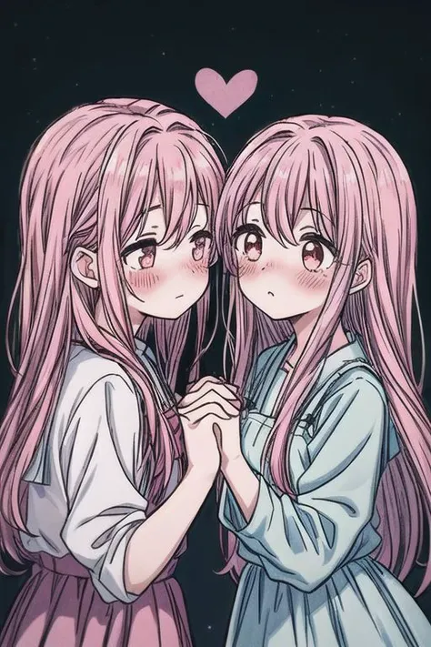 2 girls yuri moe couple kissing romantic blush long hair heart highest quality ahort hair onee-san adult female overalldetail close up age gap looking at dress each other holding hands
