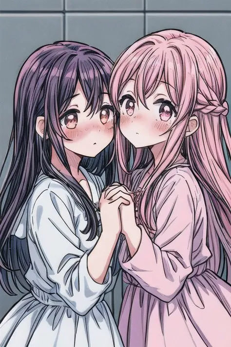 2 girls yuri moe couple kissing romantic blush long hair heart highest quality ahort hair onee-san adult female overalldetail close up age gap looking at dress each other holding hands