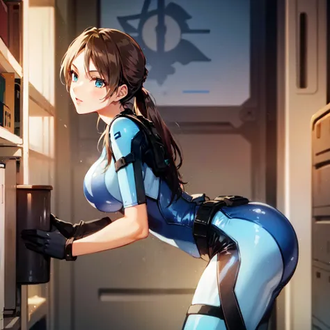 jillvalentine, rerevjill, bodysuit, on container ship ,<lora:jill_valentine_re5:1>, 1girl, shiny clothes, from side,