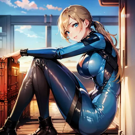 jillvalentine, rerevjill, bodysuit, on container ship ,<lora:jill_valentine_re5:1>, 1girl, shiny clothes, from side,