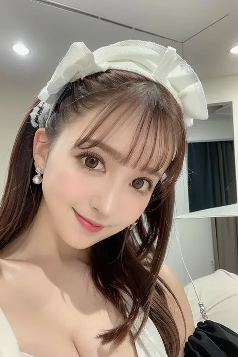 (8k, RAW photo, best quality, highres:1.2), (realistic, photo-realistic:1.37),
1girl, Mikami, solo, portrait of a girl, face, smile eyes, smile, earring, jewelry, strapless, strapless dress, large breasts, cleavage, bare shoulders, long hair, long eyelashes, small mouth, innocent eyes, (indoors ) , looking at viewer, simple background, cherry lip gloss, white (apron), on bed, from above, lace trim,(( lace)), alluring,