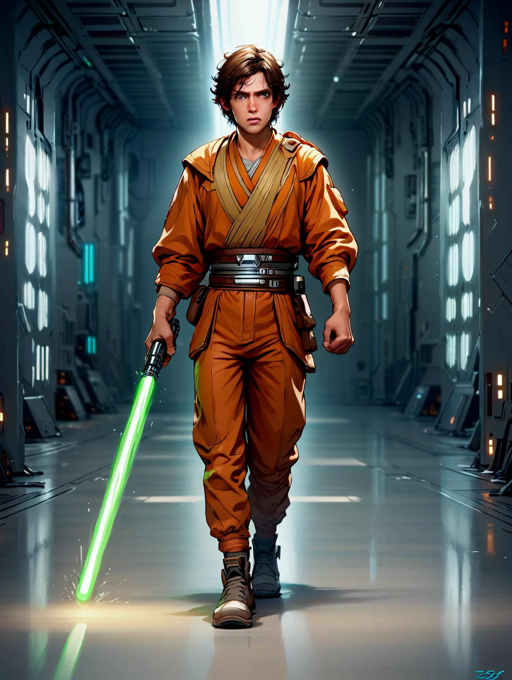 score_9, score_8_up, score_7_up, score_6_up,score_5_up, 1boy, male focus, messy hair, brown hair, brown eyes, looking to the side, running, orange jumpsuit, science fiction, white hallway, laser blasts, holding weapon, Star Wars, lightsaber, (green lightsaber:1.2), perfect perspective, zPDXL, perfect hands,zzLightSaber, <lora:Perfect Hands:0.8> <lora:LightSaberP1:0.8>