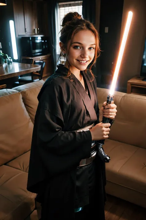<lora:PB:.7>, green eyes, ginger hair, ponytail, black attire, jedi robes, looking at viewer, smiling, teeth, standing, holding lightsaber, red beam, inside cozy living room, dark, cinematic lighting, high quality, masterpiece,
<lora:LightSaber:.8>