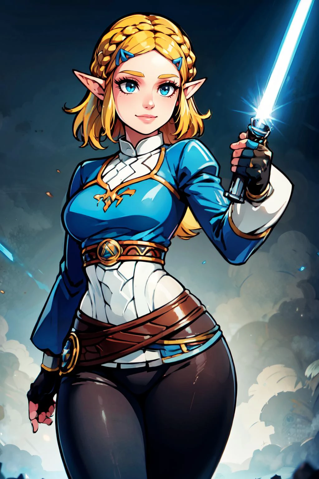 ((masterpiece, best quality)), absurdres, ,<lora:LightSaber:0.8>, zzLightSaber, (curvy), cute, eyelashes, aazelda, long hair, crown braid, hairclip, pointy ears, blue shirt, long sleeves, fingerless gloves, black gloves, black pants, tight pants, <lora:zelda_1:0.7>, smile,