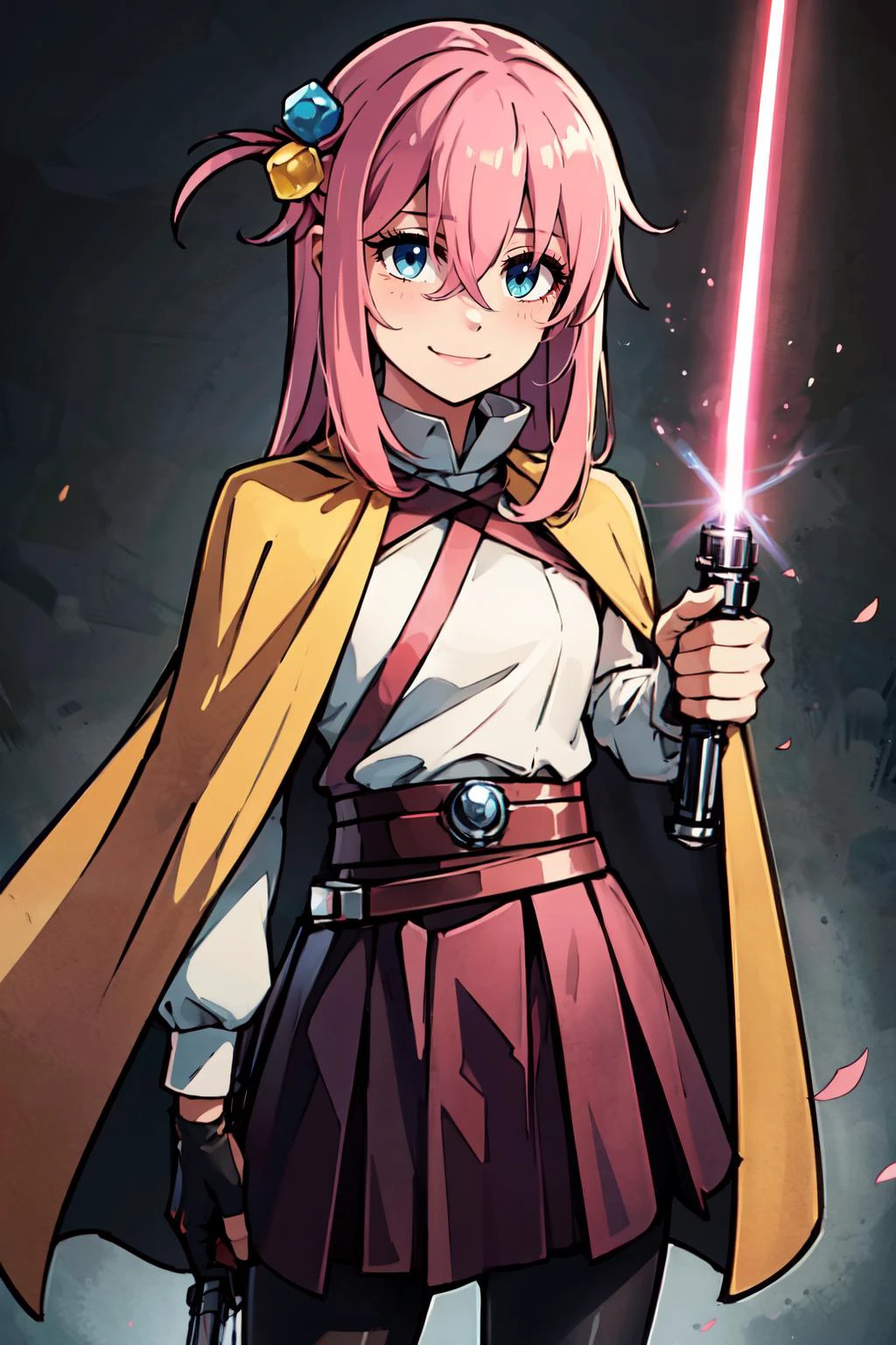 ((masterpiece, best quality)), absurdres, ,<lora:LightSaber:0.8>, pink zzLightSaber, gloves, belt, cape, gotou1, gotou hitori, solo, skirt, bangs, hair between eyes, long sleeves, <lora:gotou_hitori_v1:0.7>, smile, cowboy shot,